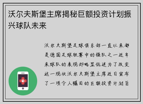 沃尔夫斯堡主席揭秘巨额投资计划振兴球队未来