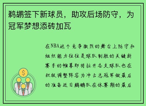 鹈鹕签下新球员，助攻后场防守，为冠军梦想添砖加瓦